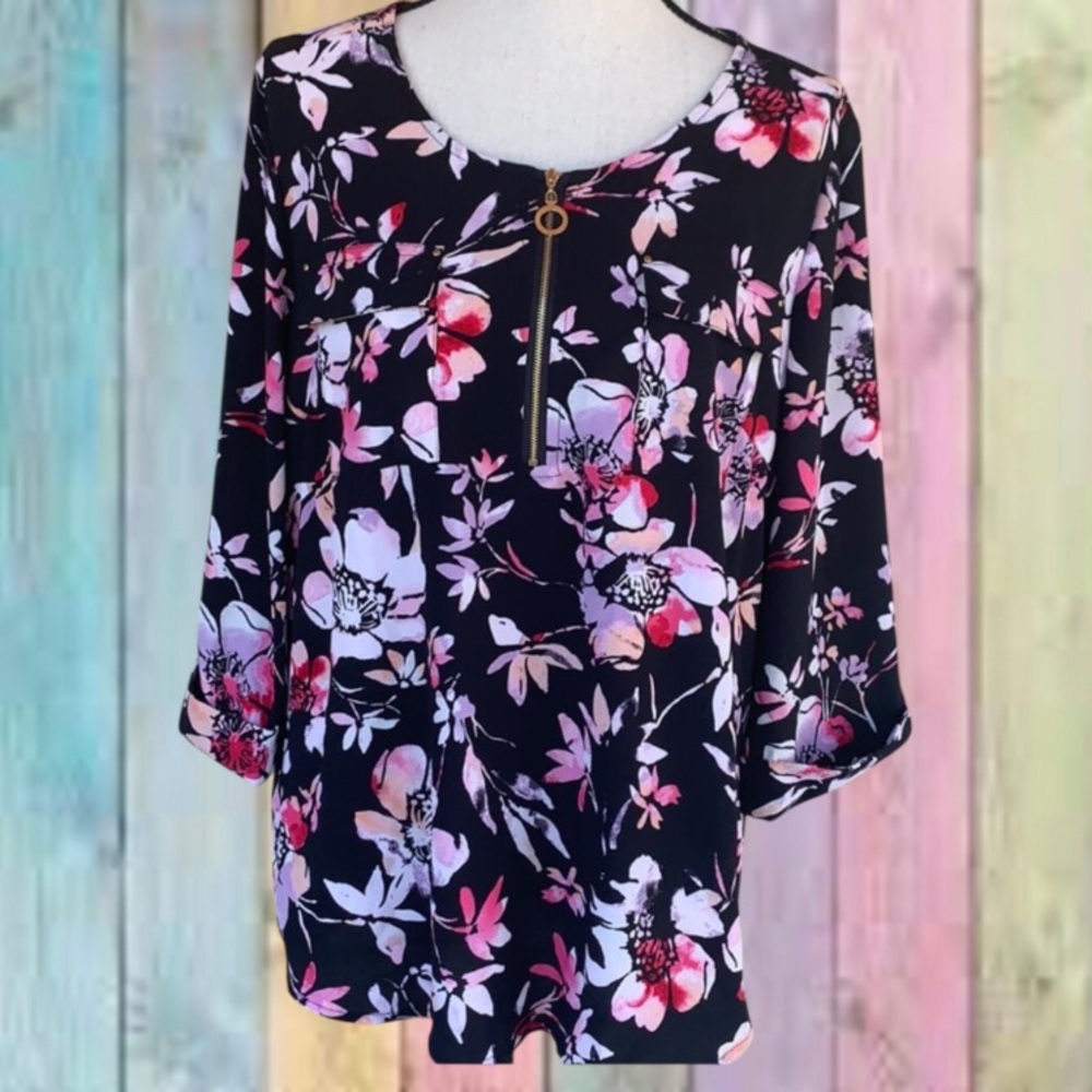 Croft & Barrow Black Purple Pink Floral Cuffed Sleeves Flowing Top NWOT